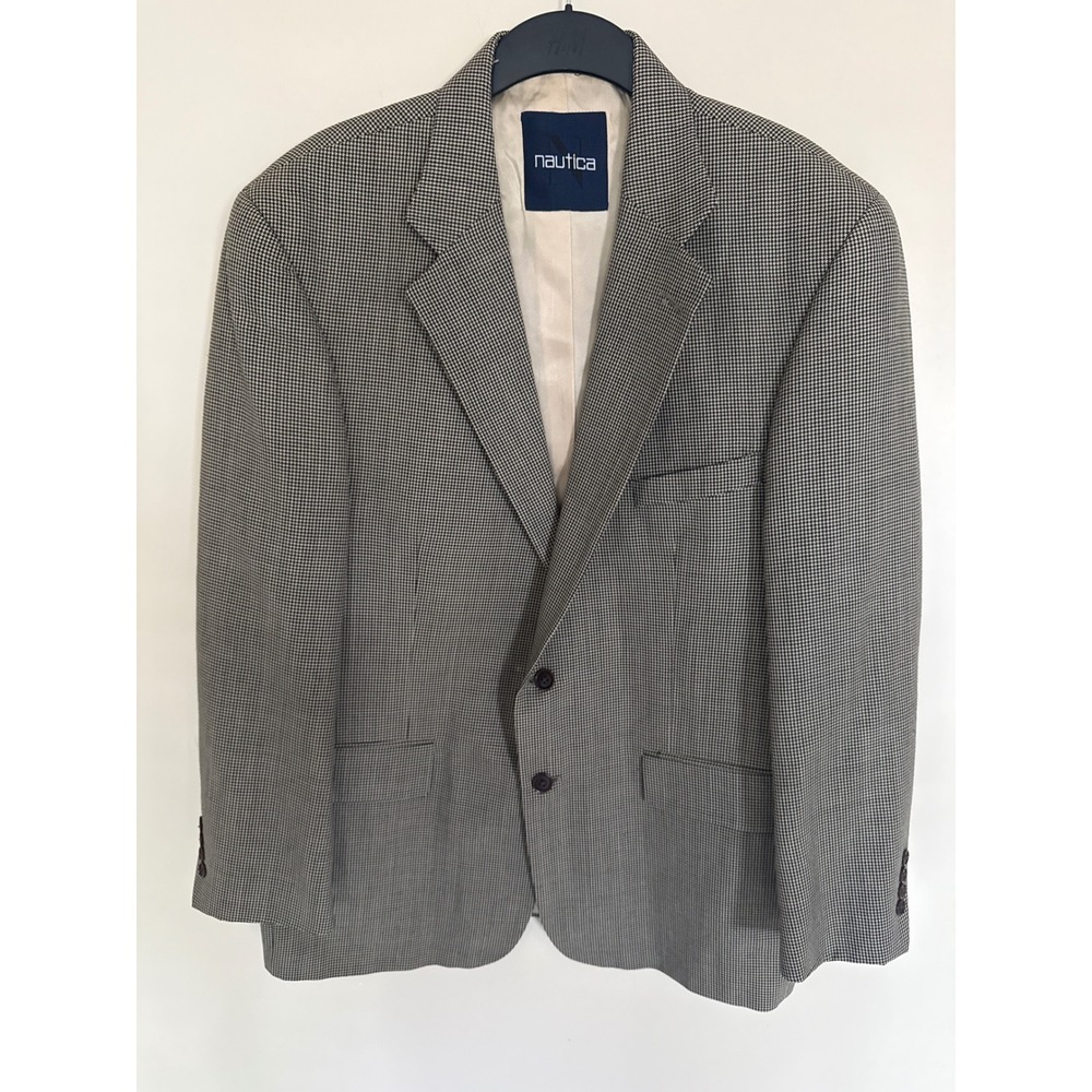 Nautica Mens 46R 100% Wool Blazer Houndstooth Sport Coat Black White T320AX